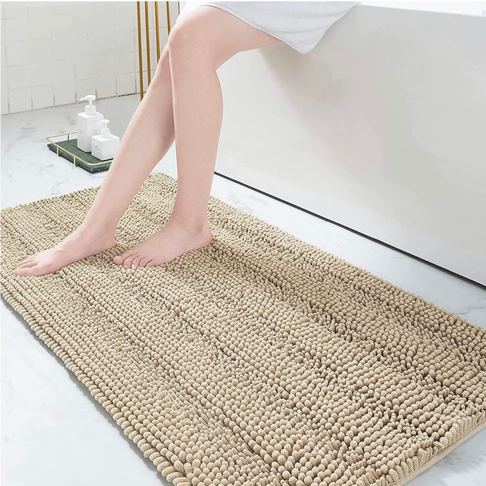 Grandaily Chenille Striped Bathroom Rug/ Mat, 24x60, Beige